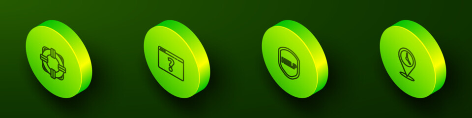 Poster - set isometric line lifebuoy, browser with question mark, shield text help and location clock icon. v
