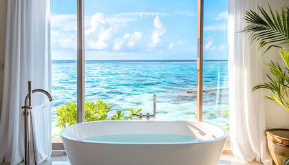 Wall Mural - Luxury beautiful interior design on beach resort, window view from bathroom on clear blue sea, summer vacation on Maldives