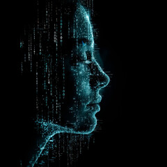 Digital female face AI theme dark background with computer binary code.