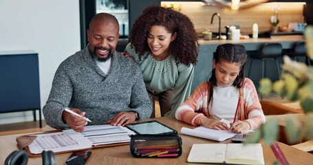 Poster - Black family, talking and books for working in home, mathematics and finance for homework. Daddy, daughter and studying for test or assignment, planning and mommy speaking on lesson for knowledge