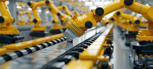 Poster - Industrial robotic arms assembling parts on an automated production line in a modern factory