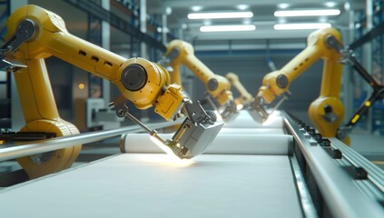 Poster - Yellow robotic arms working on an automated assembly line in modern factory