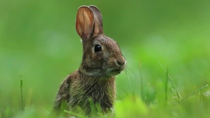 Poster - Small Eastern Cottontail Rabbit closeup eating grass 