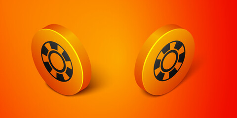 Wall Mural - Isometric Casino chips icon isolated on orange background. Casino gambling. Orange circle button. Vector