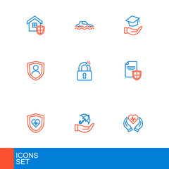 Wall Mural - Set line Life insurance, Umbrella hand, with shield, Contract, Broken or cracked lock, Education grant and Flood car icon. Vector