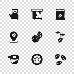 Sticker - Set Donut, Coffee beans, Cookie or biscuit, Bag coffee, Kettle with handle, machine and Location icon. Vector