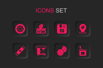 Canvas Print - Set Coffee machine, Electronic coffee scales, Donut, Cookie or biscuit, Location with bean, Manual grinder, Bag beans and Sugar stick packets icon. Vector