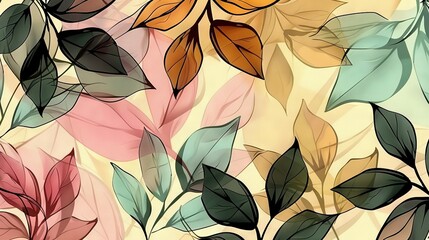 Wall Mural -   A close-up of leaves against a white and pink backdrop, featuring shades of green and yellow