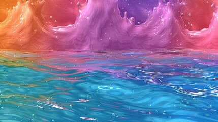 Wall Mural -   A painting of an ocean scene with waves, a rainbow-hued sky above, and a blue sky below the water features orange, pink, purple, and blue tones