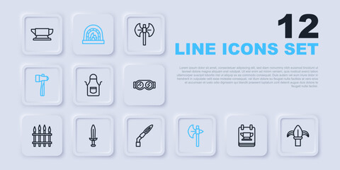 Sticker - Set line Blacksmith anvil tool, Classic iron fence, apron, Medieval axe, Hammer, sword, oven and Welding torch icon. Vector