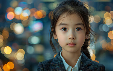 Wall Mural - Young Girl Looking Directly At The Camera In Front Of Bokeh Lights At Night