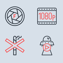 Sticker - Set line Full HD 1080p, No smoking, Science fiction and Camera shutter icon. Vector