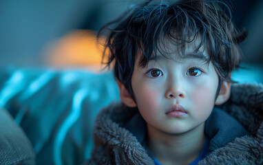 Wall Mural - A Young Boy Looks Directly at the Camera in a Blue Lit Room