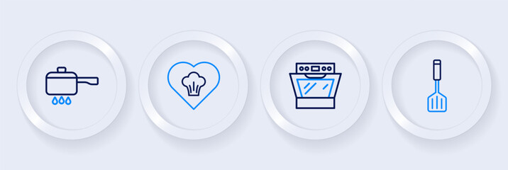 Sticker - Set line Spatula, Oven, Chef hat and Cooking pot on fire icon. Vector