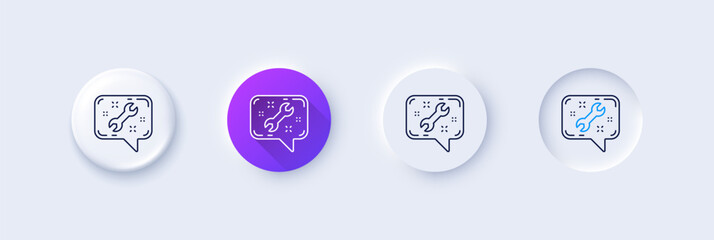 Poster - Spanner tool line icon. Neumorphic, Purple gradient, 3d pin buttons. Repair service chat sign. Fix instruments symbol. Line icons. Neumorphic buttons with outline signs. Vector