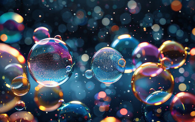 Wall Mural - Closeup Of Colorful Bubbles Floating In Air With Blue Background