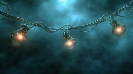 Wall Mural -   A strand of glowing bulbs dangling from a cord against a deep navy backdrop, centered by a lone illuminated bulb