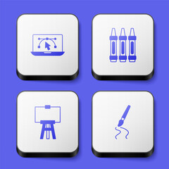 Poster - Set Computer with design program, Wax crayons for drawing, Wood easel and Paint brush icon. White square button. Vector