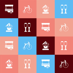 Poster - Set pop art Fast street food cart, Vintage bicycle, Attraction carousel and Bowling pin icon. Vector