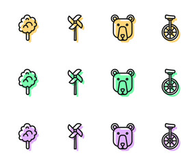 Canvas Print - Set line Bear head, Cotton candy, Pinwheel toy and Unicycle icon. Vector