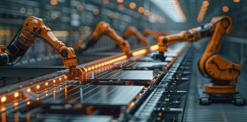 Poster - High-tech factory floor with robotic arms working on an automated assembly line