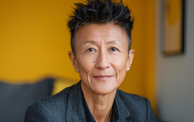 Sticker - Woman With Short Spiky Hair Smiling in Front of a Yellow Wall