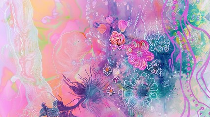 Wall Mural -   Flower and Butterfly Painting on Pink-Blue-Green-Yellow Background with Swirls and Bubbles