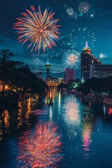  Fireworks over San Antonio skyline with Tower of the Americas and River Walk lit up for celebration at night