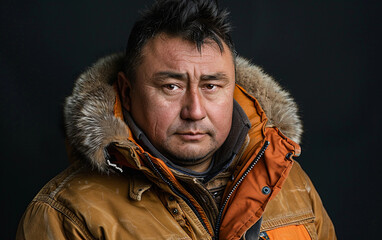 Wall Mural - Portrait of a Man Wearing a Brown and Orange Winter Jacket