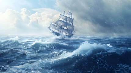 Wall Mural - a wallpaper featuring a vast, realistic ocean expanse with a majestic sailing ship navigating throug