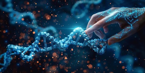 Poster - Human hand touching robot finger with blue glowing background, symbolizing connection between technology and humanity