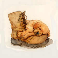 Sticker - a tiny golden retriever puppy curled up in a big boot