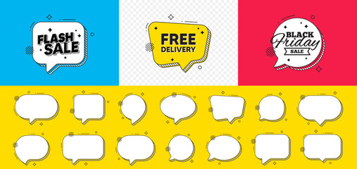 Poster - Black friday chat speech bubble. Free delivery tag. Shipping and cargo service message. Business order icon. Free delivery chat message. Flash sale speech bubble banner. Offer text balloon. Vector