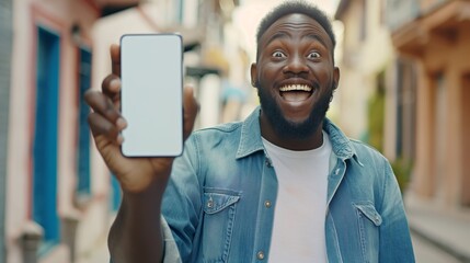 Wall Mural - A man is holding a cell phone with a white screen and smiling. He is in a city street with buildings in the background