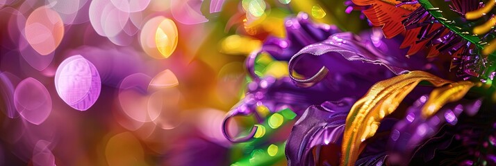 mardi gras masks, beads, and feathers in purple, gold, and green