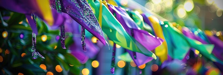 mardi gras masks, beads, and feathers in purple, gold, and green