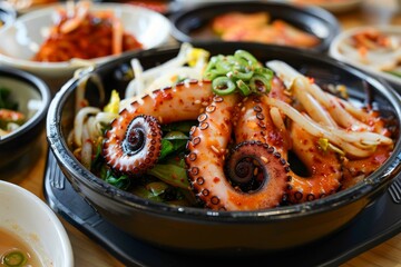 Wall Mural - Korean stir fry with octopus and spicy side dishes like bean sprouts and seaweed soup