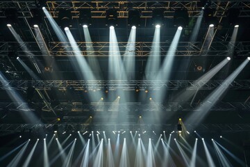 Poster - Many Par Led Lights spotlight beams moving lighting on ceiling rack for fashion show event performance in dark hall with decorated floor