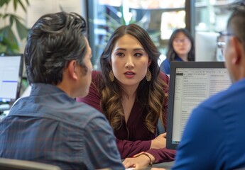 Poster - Business colleagues discussing data analytics in modern office environment