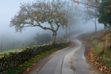 Wall Mural - Foggy village road with curved tree