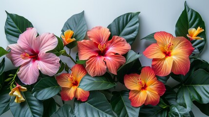 In this vibrant and colorful arrangement, hibiscus plumerias and orchids are intertwined with lush green leaves and twisting vines on a white backdrop.