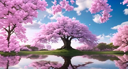 Wall Mural - A pink cherry blossom tree stands central surrounded by blue sky and white clouds with the lower part of the tree mirrored by a reflective water surface 4k animation