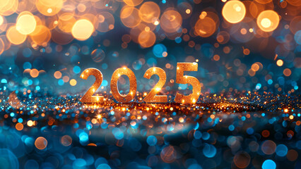 Festive scene depicting the year 2025 in dark blue, and gold colours surrounded by sparkling confetti, Christmas video, holiday card, garland of lights. Abstract blurred background	