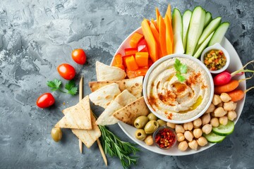 Wall Mural - Meze platter on stone background with space for text Includes hummus vegetables olives pita chips Ideal for parties