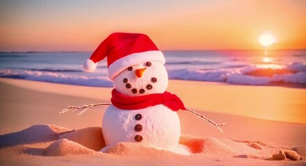 Wall Mural - snowman wearing santa hat on the beach at sunset