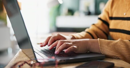 Aufkleber - Woman, hands and copywriter with laptop in closeup typing for remote work in home office for planning company report. Female person, fingers and freelancer with computer for research proposal
