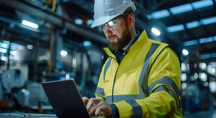 Poster - Engineer in high-vis jacket working on laptop in industrial factory