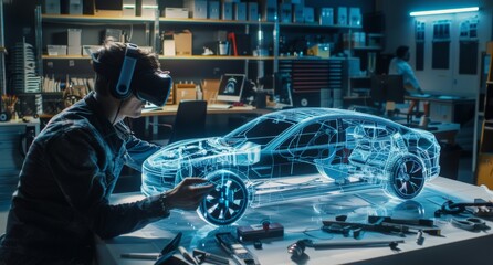 Poster - Man using AR headset working on futuristic car design in modern high-tech office