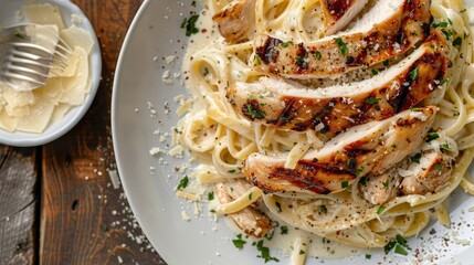 Wall Mural - Top view of a creamy pasta dish with alfredo sauce, grilled chicken, and parmesan cheese.