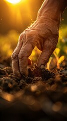 Canvas Print - Hand of a farmer planting a seed in the soil. AI.